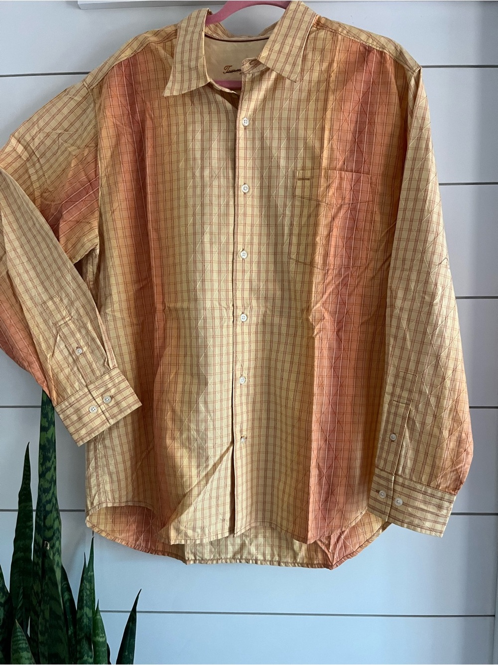 Tommy Bahama Light Yellow & Peach Plaid Button-Up Shirt long sleeve